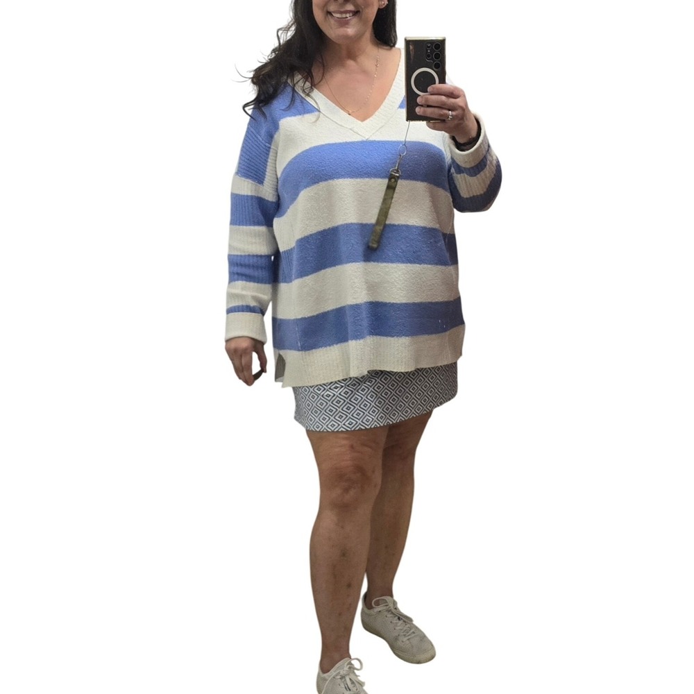 CASLON Womens Striped V Neck Sweater Pullover Blue White Long Sleeve OVERSIZE 2X